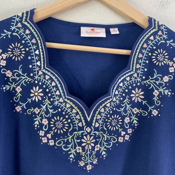 Quacker Factory Womens Plus 1X Embroidered 3/4 Sleeve Blue Top Shirt - Picture 9 of 11